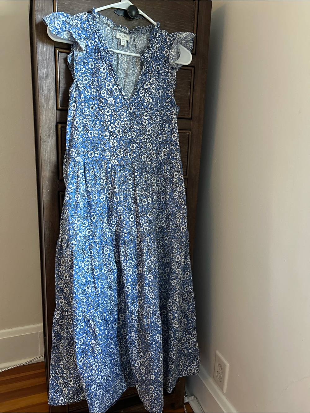 J. Crew Blue Floral Maxi Dress with Ruffle Cap Sleeves